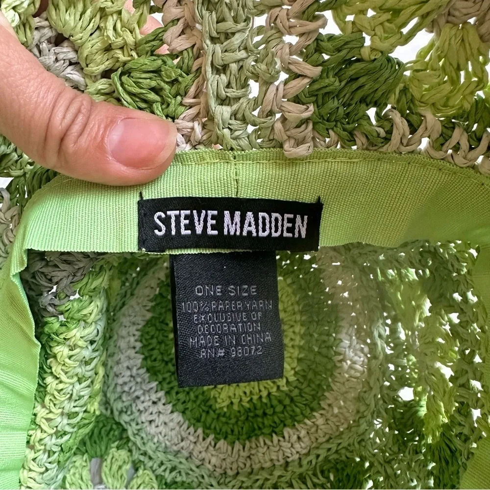 Steve Madden Crochet‎ Floral Paper Straw Granny Square Bucket Hat Lime Green